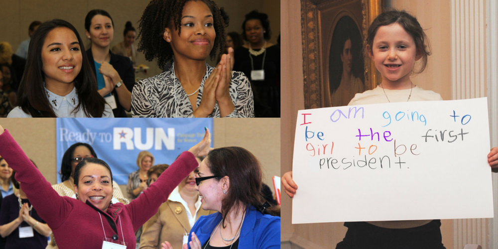 Young women applauding at conference.Young girl holding handwritten sign saying, "I am going to be the first girl to be president."