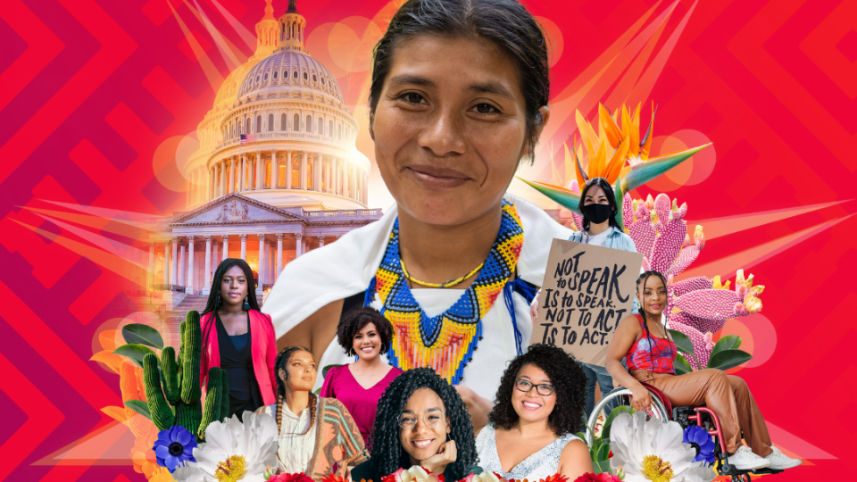 Latina faces in front of the U.S. Capitol building
