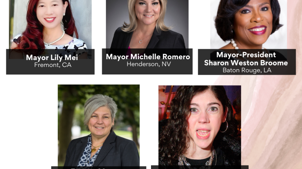 Image of Panelist headshots against a marbled pink background. The panelists featured include Mayor Lily Mei of Fremont, CA, Mayor Michelle Romero of Henderson, NV, Mayor-President Sharon Weston-Broome of Baton Rouge, LA, and Former Mayor Diana Smith of Seneca Falls, NY. Also featured is guest author Karen M. Greenwald, author of a Vote for Susanna. 