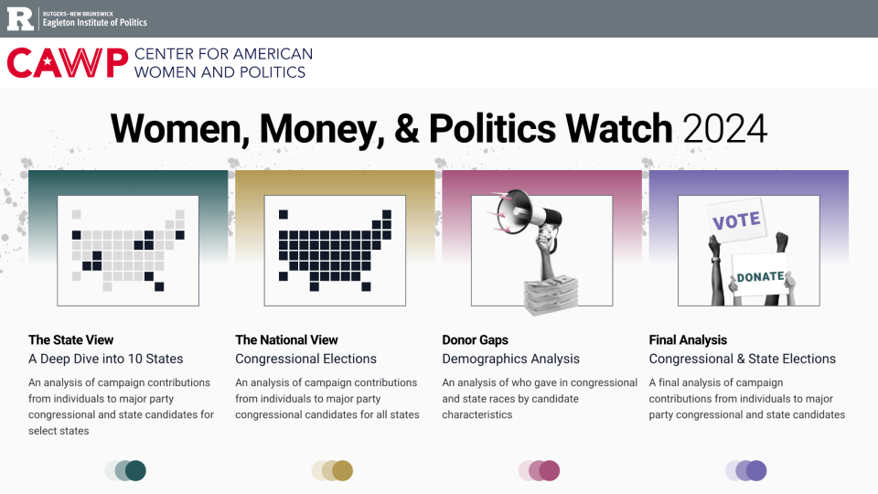 Women, Money, & Politics Watch 2024 project homepage with sections for state, national, donor gaps, and final analysis.