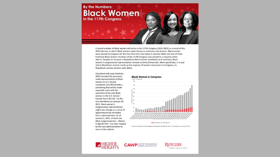 Screenshot of the first page of the By the Numbers: Black Women in the 117th Congress report, which has a large header at the top with the title and 3 women at the top right