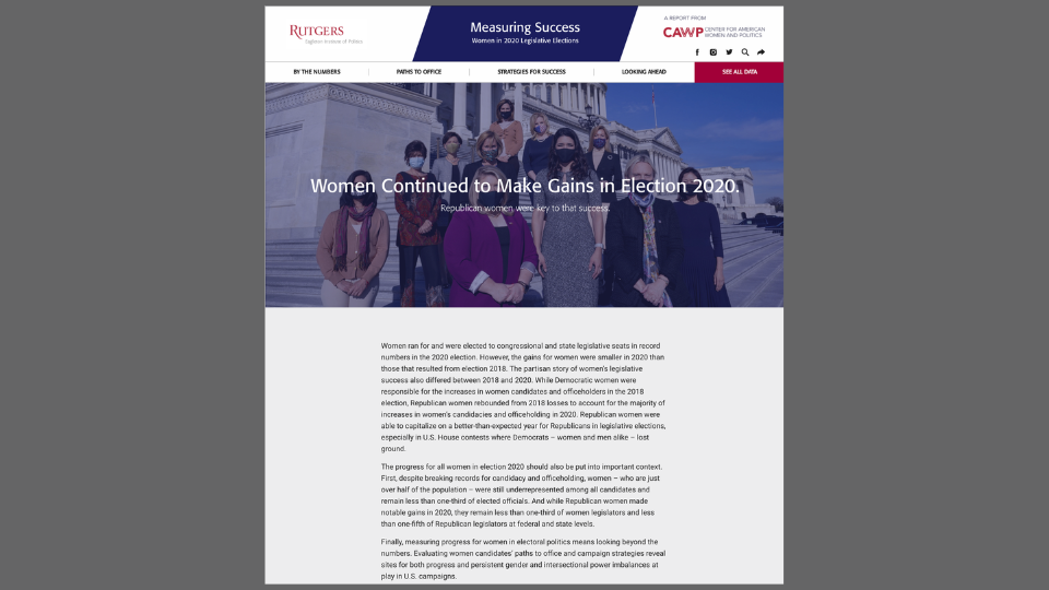 screenshot of the Women Continued to Make Gains in Election 2020 report with elected women in masks behind the text
