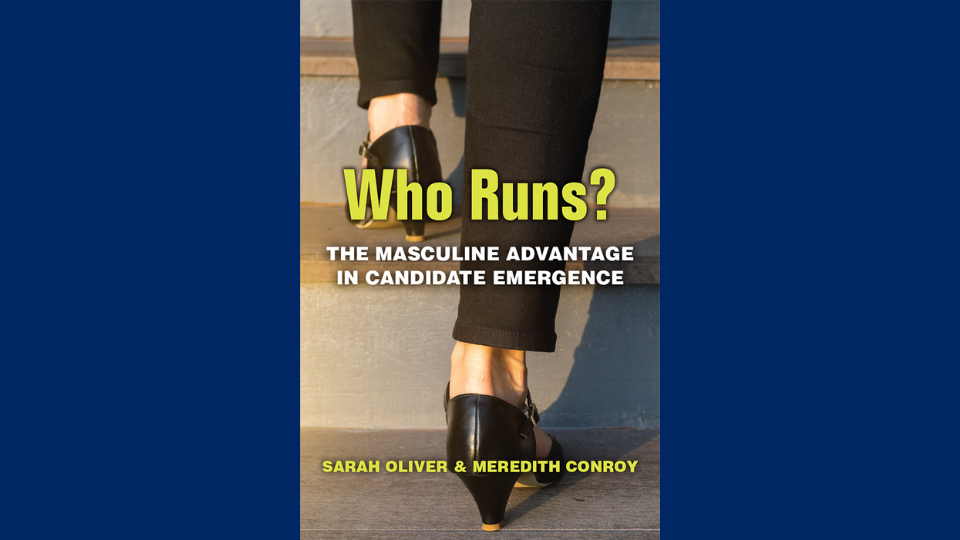 book cover for "who runs? the masculine advantage in candidate emergence" which is an image of a woman stepping up stairs with the book title over it