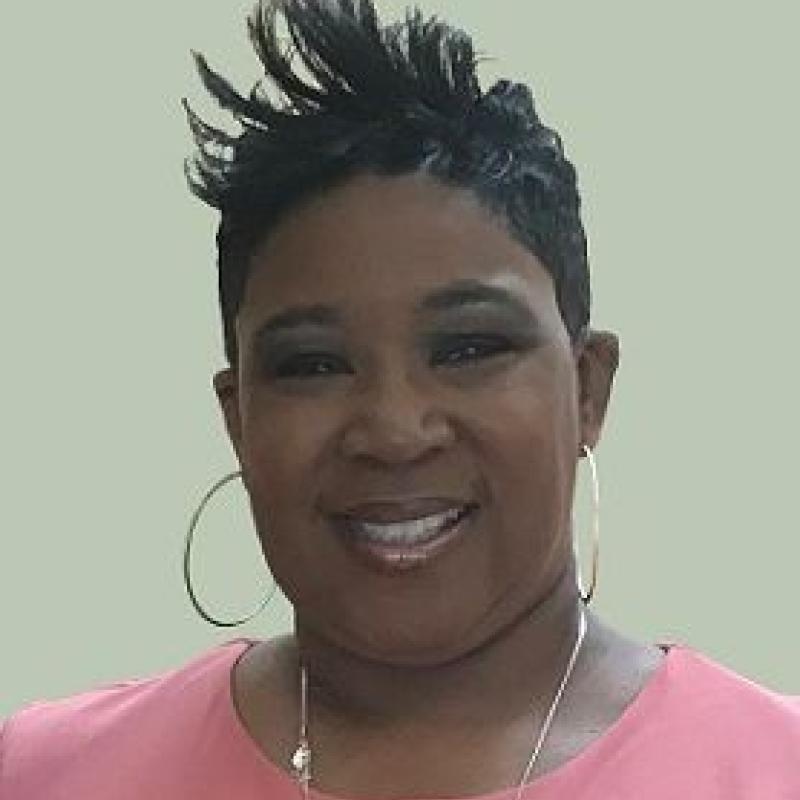Head shot of Felicia Hopson wearing a pink shirt and gold earrings against a tan background
