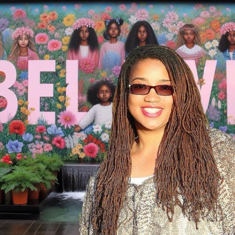 Shantell Cherry against a floral backdrop 