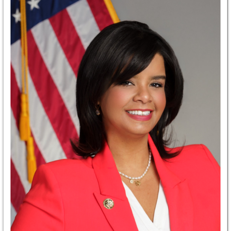 County commissioner Christina Schratz in a bright pink blazer posing in front of the American flag