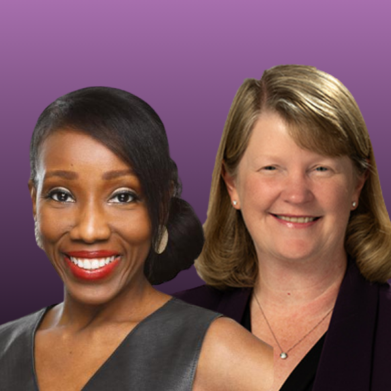 Tara Dowdell and Christine Shipley's portraits against a purple background