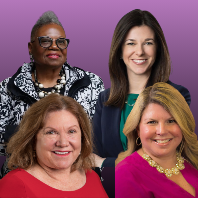 Collage of panelists against a purple backdrop; Jennifer Duffy, Laura Matos, Jeannine Larue, and Gail Gordon