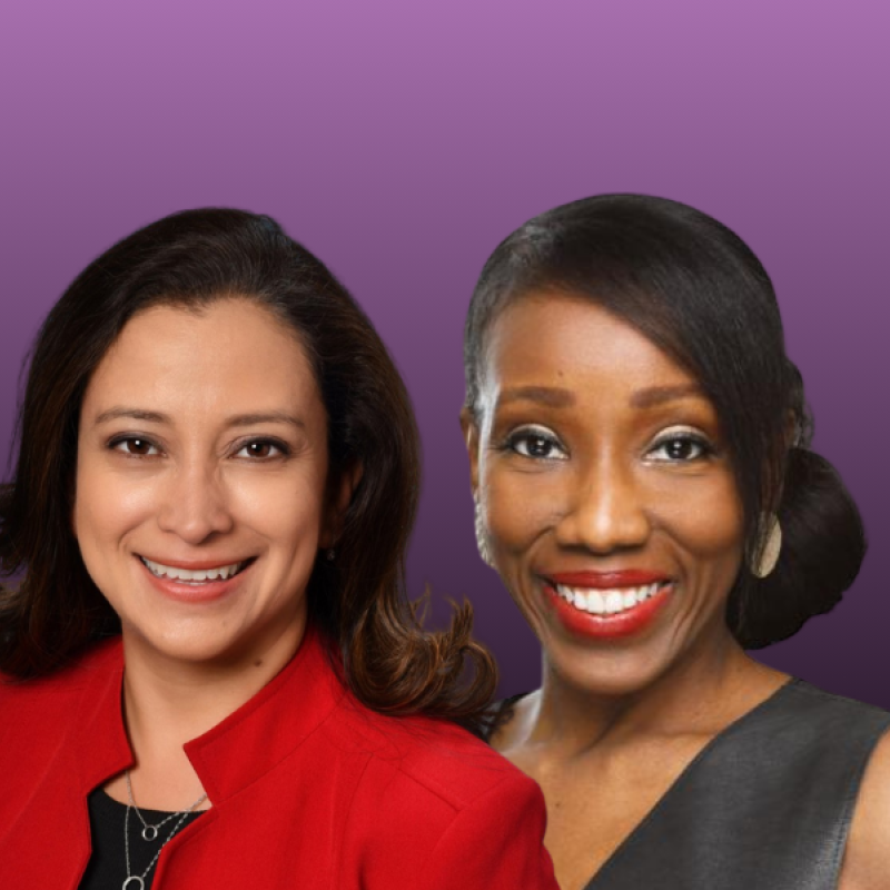 Andrea Martinez Mejia and Tara Dowdell's portraits against a purple background