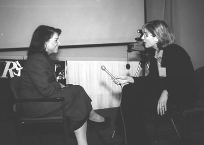 Chris Jahnke, right, interviewing participant with microphone